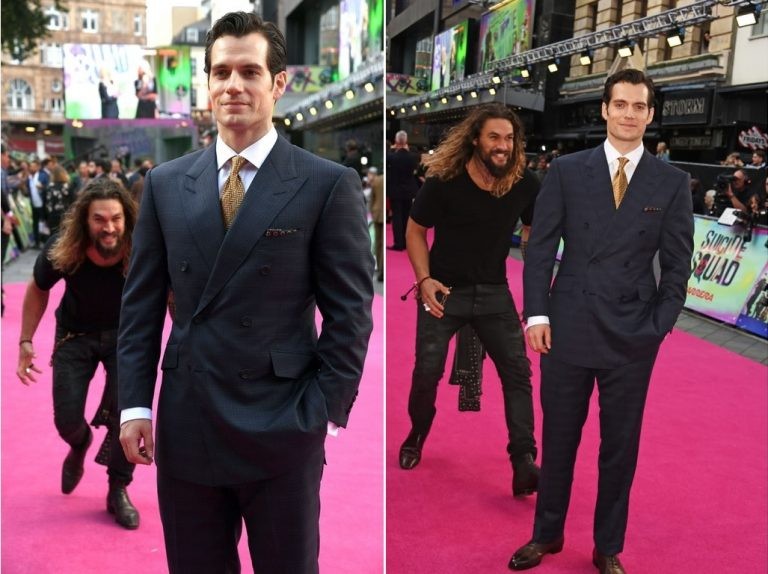 Create meme: actor jason momoa, Jason Momoa sneaks up on Henry Cavill, Henry Cavill