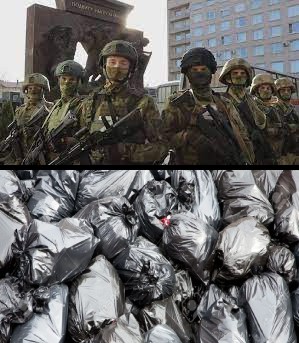 Create meme: a bunch of garbage bags, garbage bags, troops 