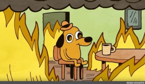 Создать мем: собака в пожаре мем, мем собака в огне, собачка в горящем доме мем