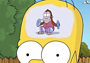 Создать мем: гомер симпсон обезьяна в голове, у гомера в голове гифка, обезьянка из симпсонов с тарелками