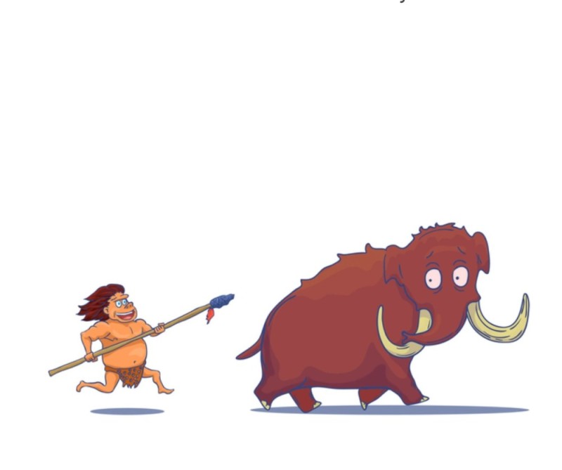 Create meme: the caveman, mammoth, primitive man runs after a mammoth