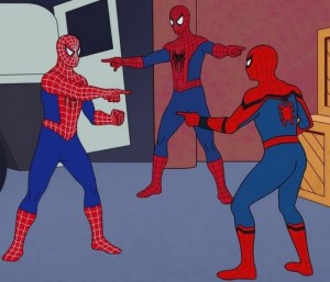 Создать мем: человек паук и человек паук мем, мем 2 человека паука, 3 человека паука мем