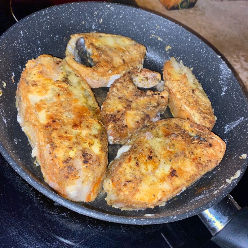 Create meme: fried cod fish, fried fish, chicken fillet in a frying pan