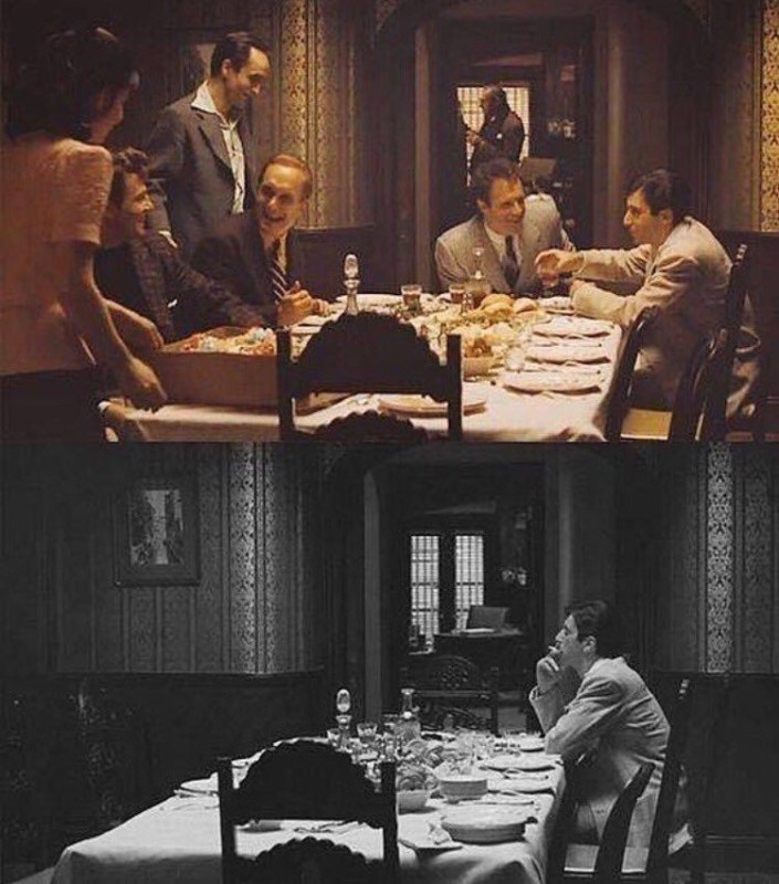 Create meme: Michael Corleone is alone at the table, Vito Corleone, mafia room