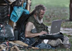 Create meme: meme bum, homeless with laptop, homeless