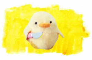 Create meme: chick with a knife meme, plush duck with a knife, yellow stroke of watercolor