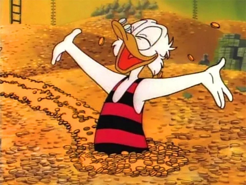 Create meme: Scrooge McDuck swims in money, scrooge McDuck, Scrooge McDuck swims in gold