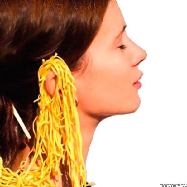 Create meme: people with noodles on the ears, girl with noodles on her ears, noodles with ears