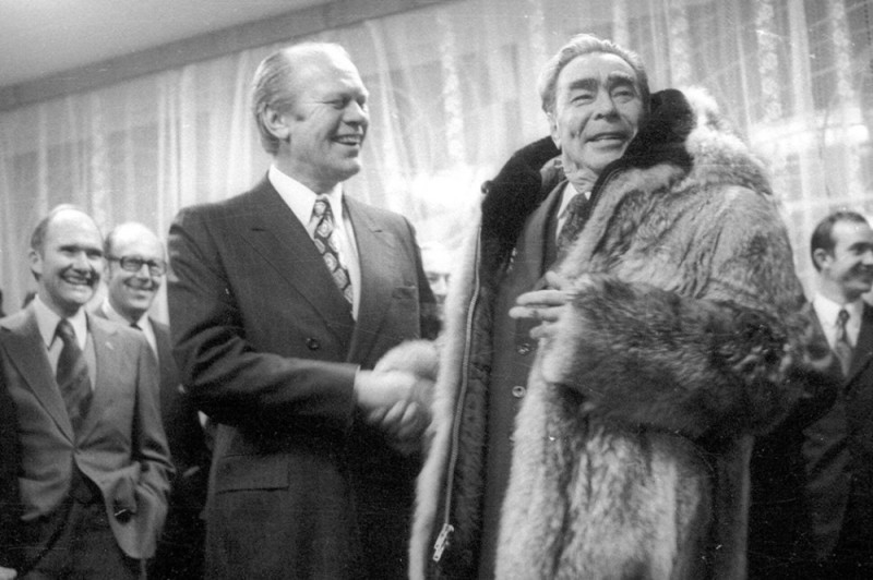 Create meme: brezhnev 1974, Leonid Brezhnev , Leonid Brezhnev in a fur coat