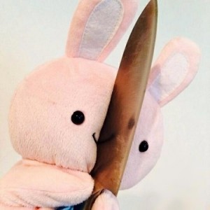 Create meme: Soft toy, plush rabbit with a knife