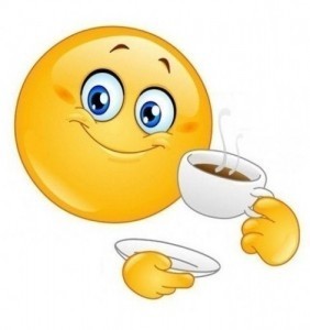 Create meme: good morning emoticons, smiley with coffee, smiley face with a cup of tea