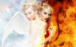 Create meme: woman is a devil, Angels and demons, female angel and devil