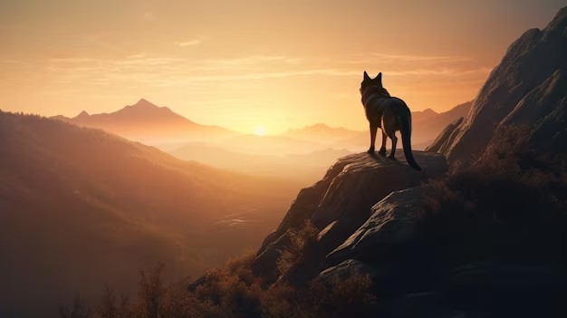 Создать мем: собака на закате, природа, воющий волк