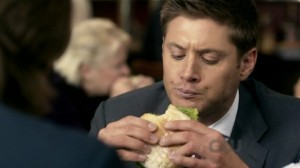 Create meme: Jensen Ackles, Dean Winchester eats a Burger, Dean Winchester eating