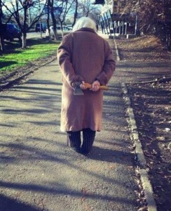 Create meme: grandma, old, the old woman in a coat from the back