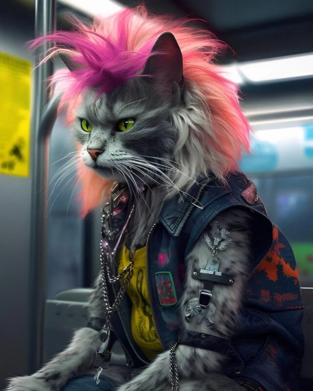 Create meme: cat neon, cyberpunk cat, metalhead cat