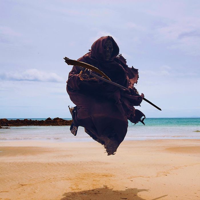 Create meme: the grim Reaper , the grim Reaper at the beach, Death with a scythe on vacation