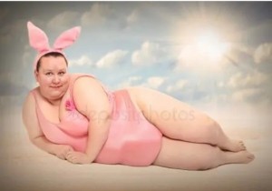 Create meme: the fat woman on white background, funny women, pink Bunny