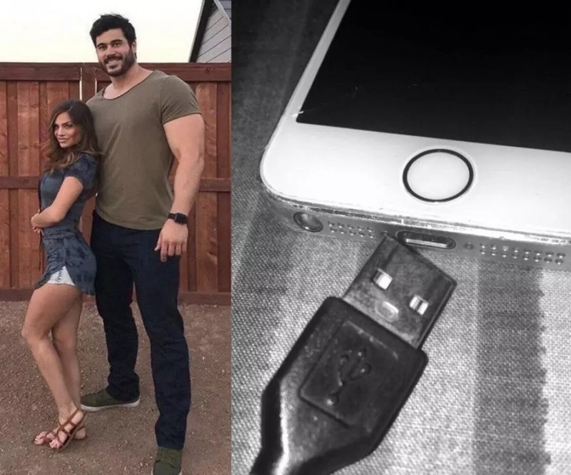 Создать мем: самый первый iphone, зарядка айфон, большой парень и девушка