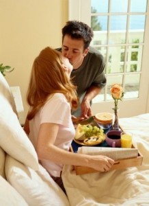 Create meme: Breakfast in bed together, a man brought Breakfast favorite, young couple having lunch photos