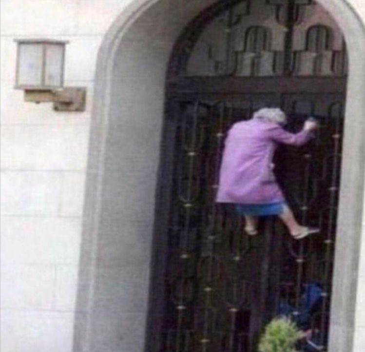 Create meme: the building , feet , the grandmother on the gate