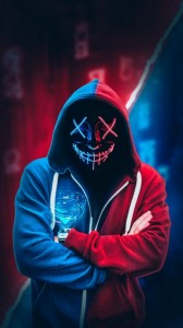 Создать мем: neon mask, человек, синий неоновый анонимус с шапкой новогодней