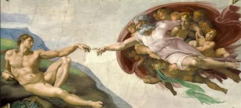 Создать мем: картина сотворение мира микеланджело, микеланджело сотворение адама 1508 1512, рождение адама микеланджело картина