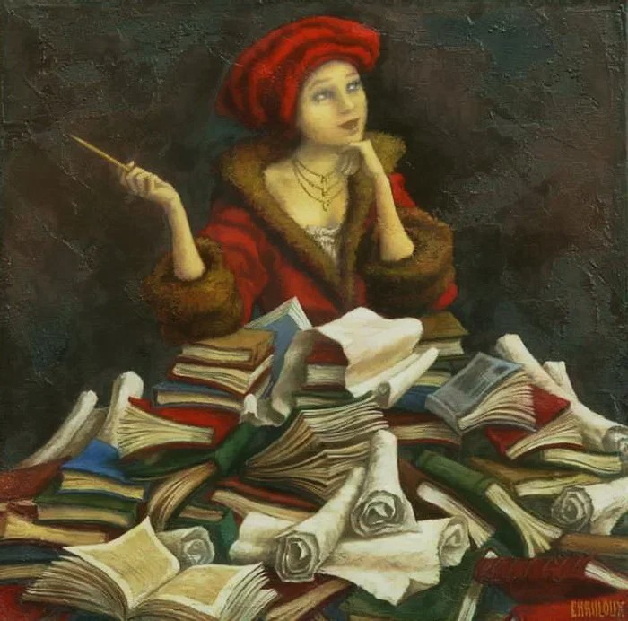 Создать мем: женщина с книгой живопись возрождения, сезар сантос художник картины, библиотекарь на картинах художников