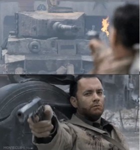 Create meme: Tom Hanks waving, the motorcycle in the movie saving private Ryan, Tom Hanks shoots the tank from the gun