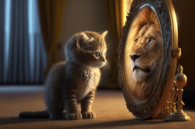 Создать мем: львенок в отражении лев, лев в зеркале, верь в себя