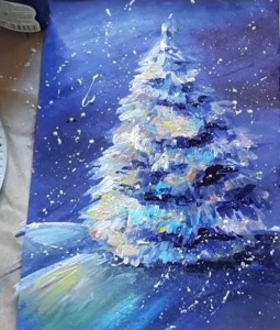 Создать мем: новогодняя елочка пастелью, елка живопись, новогодняя елка красками