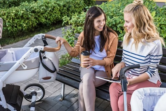 Create meme: stroller, friends with strollers, moms with strollers on a walk