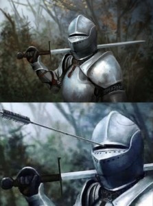 Создать мем: рыцарь со стрелой в шлеме мем, мем рыцарь, мем с рыцарем и стрелой
