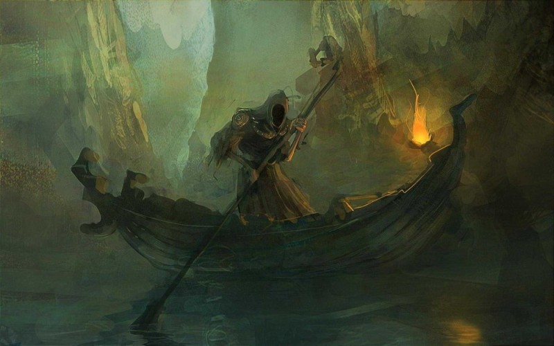Создать мем: воин на лодке арт, харон, харон перевозит души через реку стикс