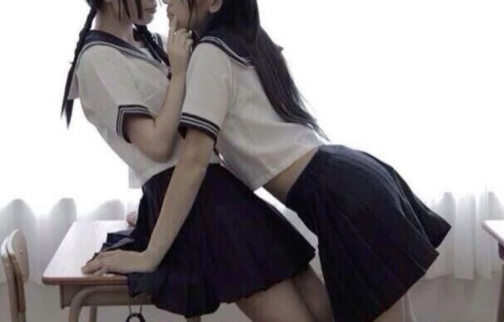 Create meme: girls at school kissing, Japanese high school girls, korean yuri school girl