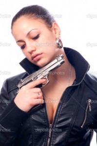 Создать мем: black leather, gun, woman in black