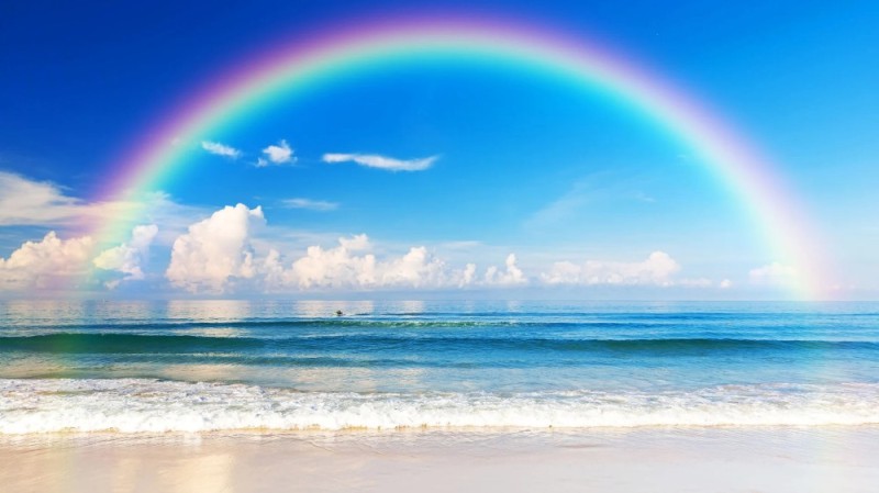 Create meme: rainbow over the sea, bright rainbow, summer rainbow