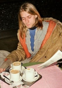 Create meme: kurt cobain rome 1989, Kurt Cobain drinking coffee, Kurt Cobain drinks