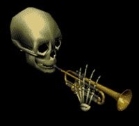 Create meme: skeleton gif, skull, trumpet