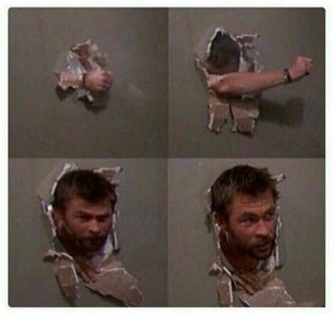 Create meme: Thor gets out of the wall MEM, Thor breaks a wall meme, Chris Hemsworth punches the wall meme