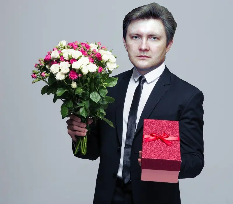 Create meme: a man with flowers and gifts, businessman with a bouquet, a man with flowers in his hands
