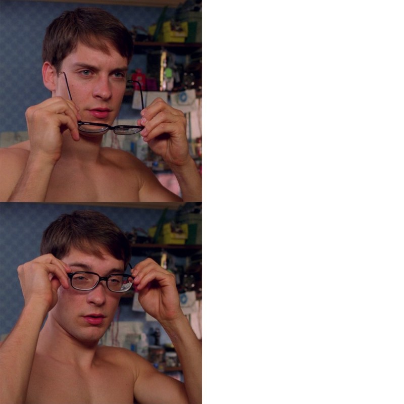 Create meme: rubs glasses meme, Peter Parker meme with sunglasses, Meme with Tobey Maguire glasses