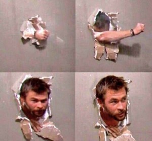 Create meme: people, men, Chris Hemsworth breaks through the wall