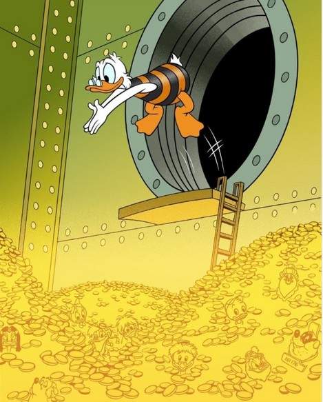Create meme: Scrooge McDuck dives into money, Scrooge McDuck swims in gold, Scrooge McDuck dives into gold