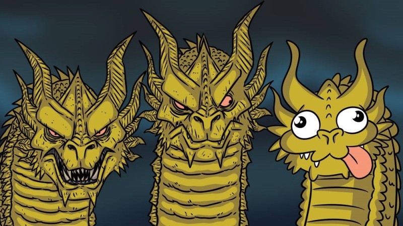 Create meme: three dragon heads, king gidora meme, the three heads of the dragon meme