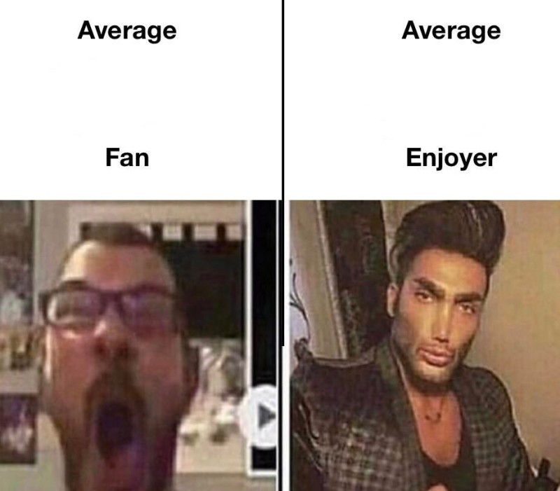 Создать мем: enjoyer мем, escalator pathetic обложка, average fan vs average enjoyer мем