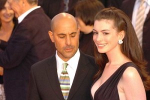 Create meme: Stanley Tucci and Anne Hathaway, woman, men stare at women's Breasts