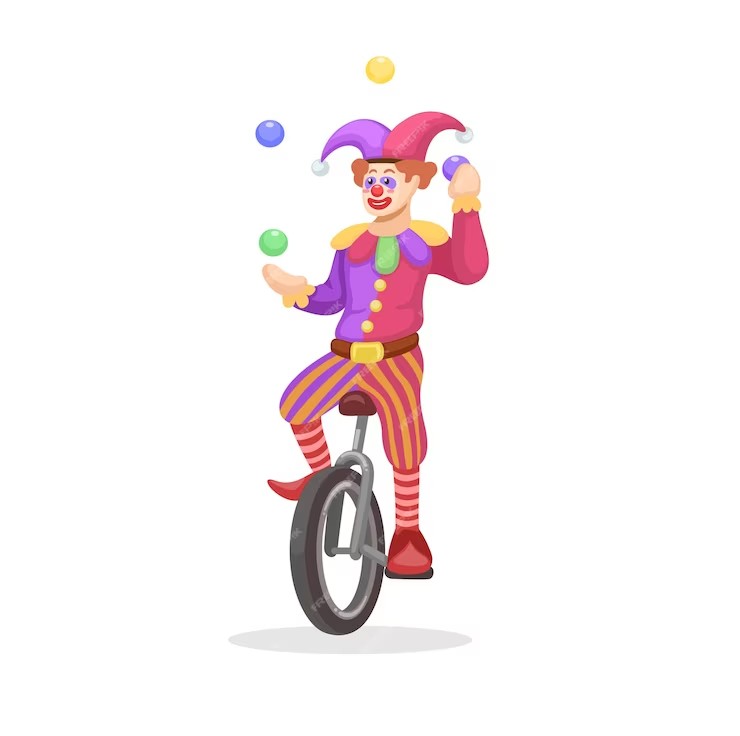 Создать мем: клоун жонглер, клоун на велосипеде жонглирует, клоун жонглирует в цирке
