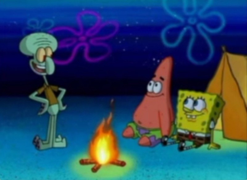 Create meme: sponge Bob square pants , Patrick Spongebob and Squidward at the campfire, fire under water spongebob