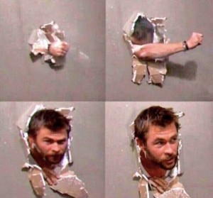 Create meme: toilet joke, Thor breaks through the wall, male